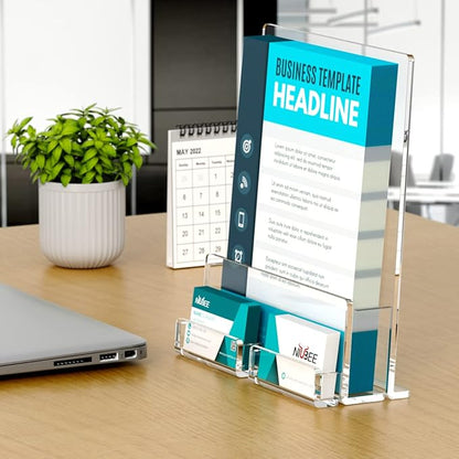NIUBEE 2-Pack Acrylic Brochure Holder 8.5*11 inches , Clear Brochure Display Stand with Acrylic Business Card Holder, Plastic Flyer Display Stand for Magazine, Pamphlet, Booklets, Menu, Journals