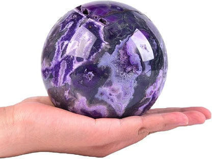 JIC Gem Large Purple Moss Agate Crystal Ball 4 inch(100mm) Round Healing Crystals Decorative Sphere with Wooden Stand Meditation Witchcraft Home Decor