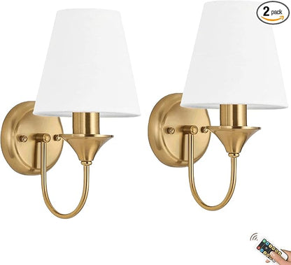 Brass Battery Wall Sconces Battery Operated Wall Lights Set of Two with Rechargeable Bulbs & Remote, Wireless Gold Battery Powered Wall Sconce, Cordless Fabric Wall Lamp for Bedroom Living Room Porch