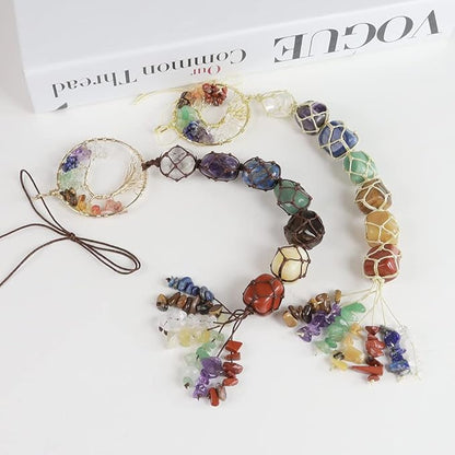 2 Pieces of 7 Chakras Healing Crystals and Tree of Life Wall Hanger Tumbled Gemstones Meditation Hanging Ornament Christmas Tree Memorial Hanging Pendant (Style 2)