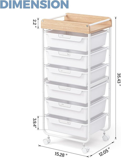 Rolling Storage Utility Cart With 6 Drawers,Art Supply Craft Organizer,Sewing Makeup Organizer And Storage,Office Organization Wooden Tabletop,White