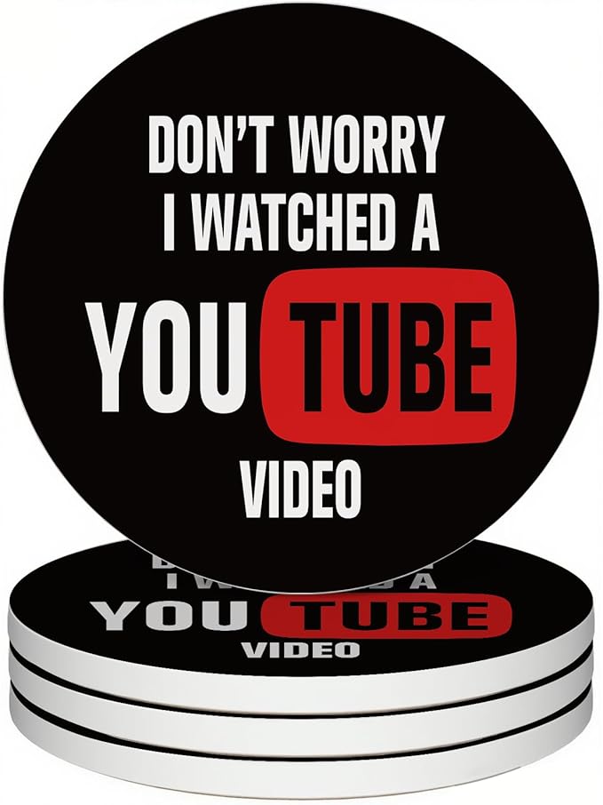 zcyhtqp, Don't Worry I Watched a You Tube Video, Funny Absorbent Round Ceramic Stone Coasters Set of 4 with Cork Base, Gifts for Home, Kitchen, Bar, Coffee Table, Office Table Décor