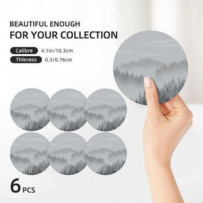6 Pcs Ceramic Coasters with Holder Absorbent Drink Round Mountains Forest Fog Design for Home Table Coffee Cup Wine Beer Bar,Size 4.4 inches