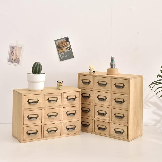 KIRIGEN Wood Drawer Organizer Desktop Storage Cabinet Box Drawers for Home Office Desk Organization and Storage 9 Drawer Mini Chest with Metal Handles Natural (9CG-NA)