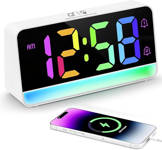 MASHI Loud Alarm Clock for Heavy Sleepers,Digital Clock with 12 Color NightLight,Adjustable Volume,Dynamic RGB Color, Snooze, DST Bedrooms Bedside,ok to Wake for Kids,Teens