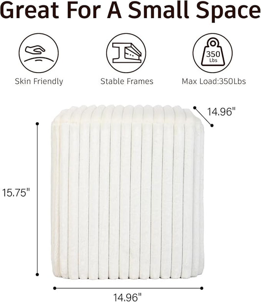 Modern Square Ottoman, Vertical Channel Tufted Foot Stool Ottoman, Velvet Upholstered Vanity Stool for Makeup, Bedroom, Living Room, White
