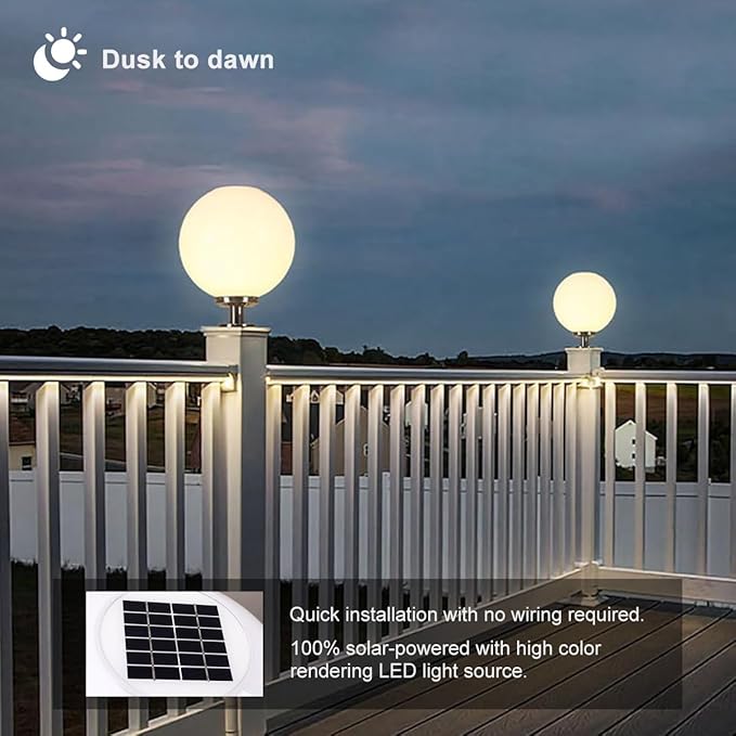Solar Post Cap Lights Outdoor, 11.8" Fence Pedestal Globe Post Lamp, Stainless Steel IP65 Waterproof External Column Light, Vintage LED dimmable Pillar Lights for Farmhouse Lawn Road Driveway