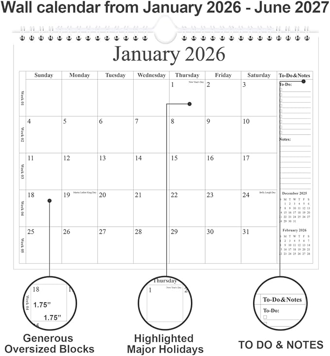 2026 Calendar - Wall Calendar 2026 from January 2026 - June 2027, 18 Months Calendar with Premium Paper, Twin-Wire Binding & Hanging Hook, 12" x 14.5", Black