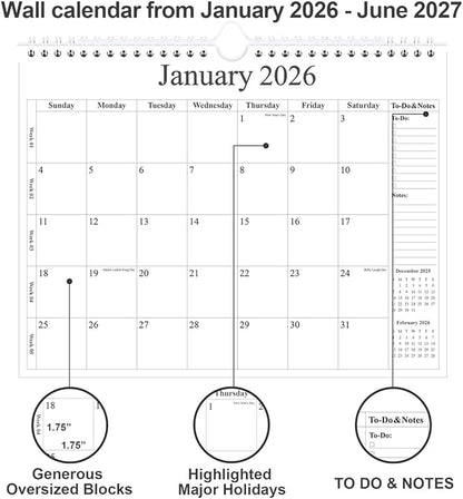 2026 Calendar - Wall Calendar 2026 from January 2026 - June 2027, 18 Months Calendar with Premium Paper, Twin-Wire Binding & Hanging Hook, 12" x 14.5", Black