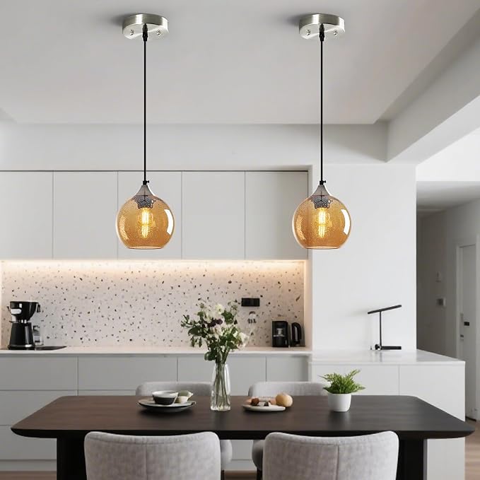 Amber Glass Pendant Lights Kitchen Island Globe Pendant Light Fixtures Modern Pendant Lighting for Bedroom Living Dining Room Light Fixture (5.9 in, 2 Pack)