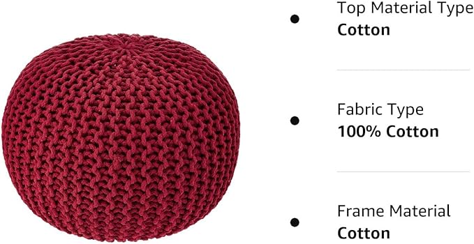 REDEARTH · Round Pouf Ottoman - Hand Knitted Cable Boho Poof - Foot Stool Bean Bag - Home Décor Stuffed Footrest for Living Room - Nursery - Bedroom - 100% Cotton Poufs (19.5"x19.5"x14") - Red