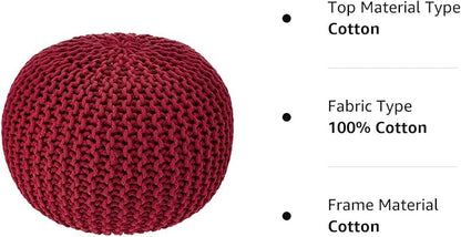 REDEARTH · Round Pouf Ottoman - Hand Knitted Cable Boho Poof - Foot Stool Bean Bag - Home Décor Stuffed Footrest for Living Room - Nursery - Bedroom - 100% Cotton Poufs (19.5"x19.5"x14") - Red