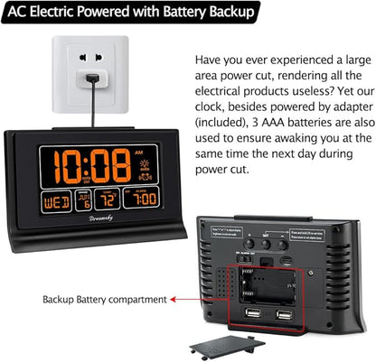 DreamSky Digital Alarm Clock with Battery Backup, 5 Inch Large Display, Auto Set Clock, USB Charging Ports, 12/24H