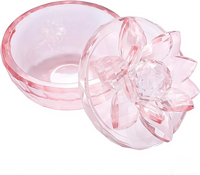 Crystal Jewelry Box, Small Glass Trinket Jar with Lid, Clear Lotus Flower Storage Holder for Women, Elegant Organizer Dish for Ring, Earrings, Necklace, Gift (Full pink)