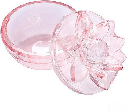 Crystal Jewelry Box, Small Glass Trinket Jar with Lid, Clear Lotus Flower Storage Holder for Women, Elegant Organizer Dish for Ring, Earrings, Necklace, Gift (Full pink)