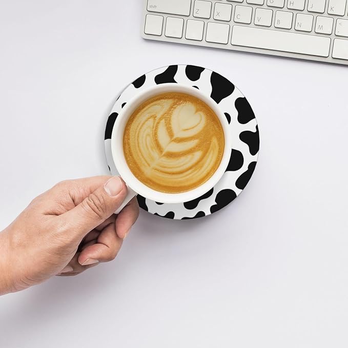 6 Pcs Ceramic Coasters with Holder Absorbent Drink Round Animal Cow White Black Spot Design for Home Table Coffee Cup Wine Beer Bar,Size 4.4 inches