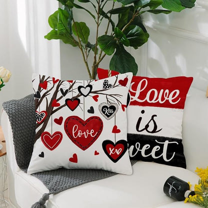 GEEORY Valentine's Day Throw Pillow Covers 18x18 Inch Set of 4, Valentines Red Black Hearts Love You More Decorative Farmhouse Holiday Cushion Case for Home Decoration G644-18
