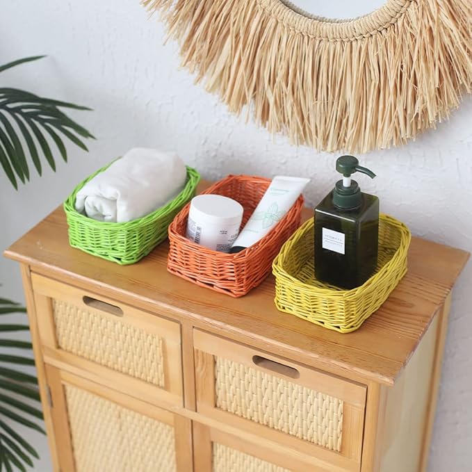 Rectangle Small Wicker Baskets for Sundries 3pcs Storage Bins (Colorful)