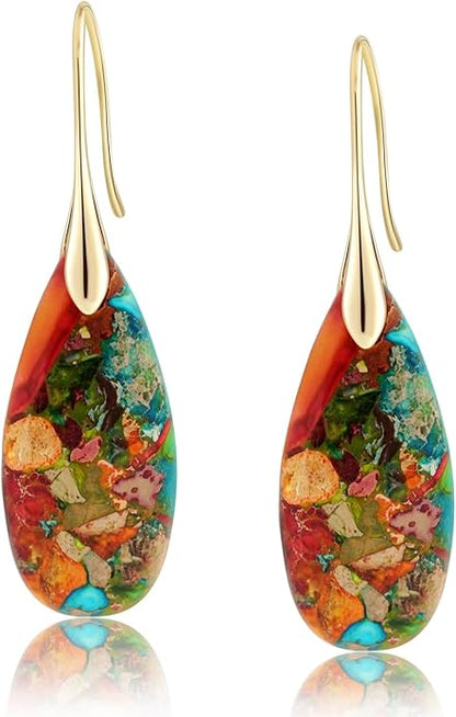 Natural Healing Stone Fishhoop Dangle Drop Earrings Statement Gold silver earrings