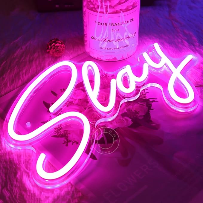 SYLHOME Pink Slay LED Neon Light Sign Cool Boys Girls Preppy Bedroom Game Play Room Desk Wall Decor Sign Club Pub Bar Man Cave Game Center Birthday Decoration USB 11.8" X 8"