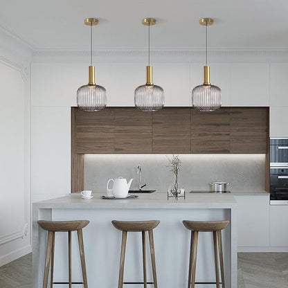 KCO Lighting Mid Century Smoke Glass Pendant Light Antique Brass Kitchen Island Pendant Lighting Modern Striped Glass Globe Hanging Light Large Industrial Pendant Light Fixture