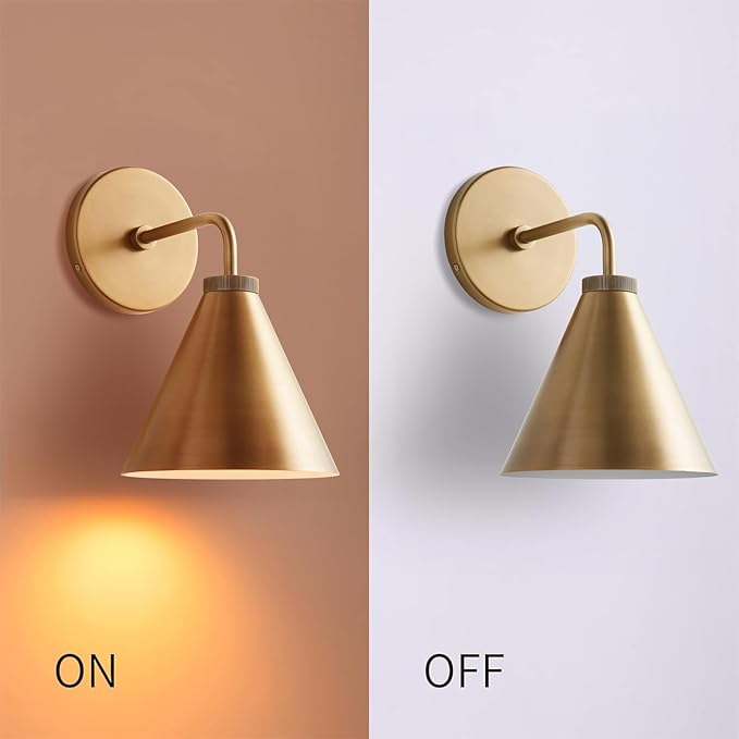 Retro Industrial Metal Cone Sconce Light - Vintage Inspired Modern Brass Wall Sconce with Metal Shade, Wall Mount Lighting for Bedroom, Hallway, Living Room (6“W x 6" L x 11" H Brass)