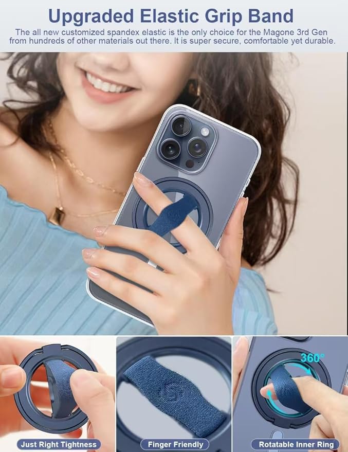 EWA MagOne 3rd Gen [Compatible with MagSafe] Phone Grip Stand with Finger Strap, Removable Magnetic Ring Holder Kickstand Loop for iPhone 17,16,15,14,13,12 Series-(Blue)