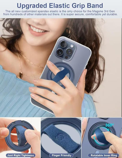 EWA MagOne 3rd Gen [Compatible with MagSafe] Phone Grip Stand with Finger Strap, Removable Magnetic Ring Holder Kickstand Loop for iPhone 17,16,15,14,13,12 Series-(Blue)
