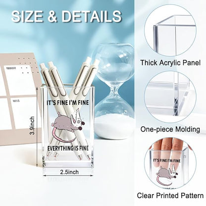 It's Fine I'm Fine Everything Is Fin Acrylic Makeup Brush Pencil Holder Cup, Funny Opossum Pen Holder Gifts For Friends Nurse, Office Sarcastic Gifts for Women Men Coworker, Desk Organizer