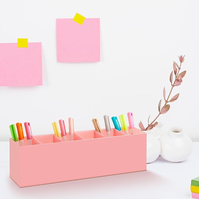 Jetec Acrylic Pen Holder 6 Compartments Makeup Brush Stationery Organizer Pencil Holder for Desk Accessories, Cosmetic Brushes, Dorm, Home, Bathroom, Kitchen, Office Supplies(Pink)