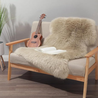 Premium Genuine Fur Sheepskin Rug Real Australia Sheepskin Natural Luxury Fluffy Lambskin Fur Area Rug Seat Covers for Kids Bedroom Sofa Chair Cover (Creamy Gray, Single Pelt/2ft x 3ft)