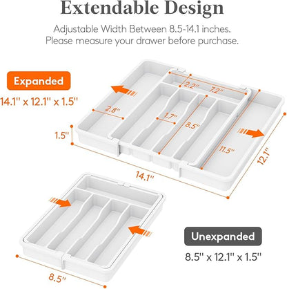 Lifewit Silverware Drawer Organizer, Expandable Utensil Tray for Kitchen, BPA Free Flatware and Cutlery Holder, Adjustable Plastic Storage for Spoons Forks Knives, 8.5"-14.1" x 12.1", White