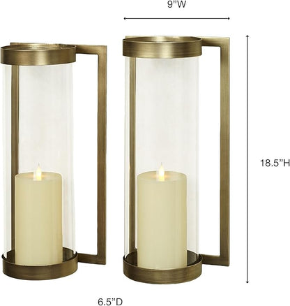 Crosce Satin Brass Metal Wall Sconce | Set of Two | Candleholder Sconces for Bedroom Living Room, Bathroom, Hallway, Entryway | Hurricane Style Glass