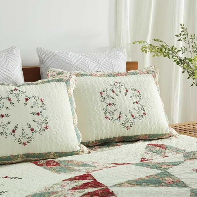 Cotton Bedspread Quilt Bedding Sets, 3 Pieces Reversible Coverlets Comforters Star with Green Floral Real Patchwork Bedspread, King Size