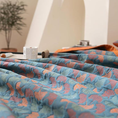 100% Cotton Muslin Blanket Jacquard Floral Ginkgo Leaves Quilt, Soft Bed Cover 3 Layers Reversible Bedspread Coverlet Breathable Lightweight Bedding Full/Queen(78"x94"), No Pillow Sham