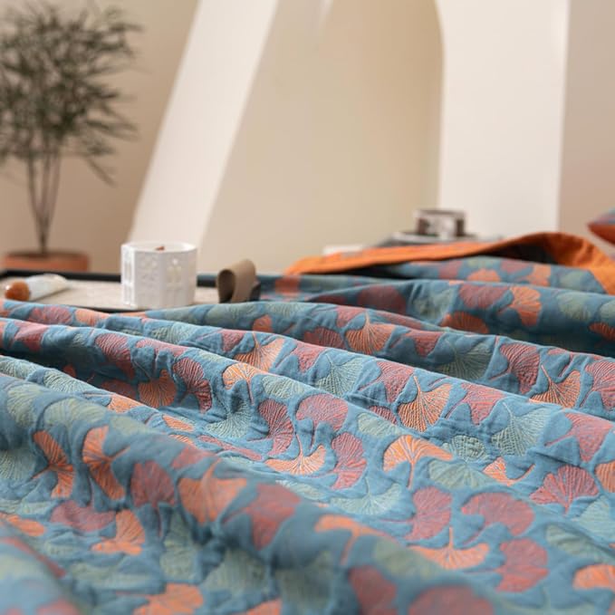 100% Cotton Muslin Blanket Jacquard Floral Ginkgo Leaves Print Quilt, Soft Bed Cover 3 Layers Reversible Bedspread Coverlet Breathable Lightweight Bedding King(98"x94"), No Pillow Sham