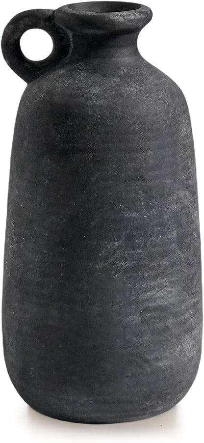 Sunddo Rustic Farmhouse Vase with Handle, 10 inch Black Ceramic Flower Vase, Terracotta Clay Stone Pottery, Black Kitchen Decor, Entryway Shelf Living Room Table Decor