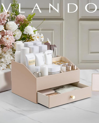 Vlando Makeup Organzier,Vanity Organizer with Drawers, PU Leather Skincare Organizer Perfume Organizer,Large Cosmetic Display Case for Lipstick,Brushes Gifts for Women-Toffee