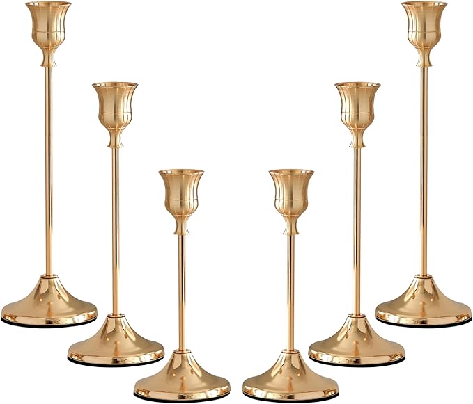Taper Candle Holders, Tall Vintage Metal Candlestick Holders, 6 PCS Brass Gold Candle Sticks Holders for Home Decor Table Centerpiece Wedding Housewarming Festival, Rose Gold, 2 Sets (6 pcs)