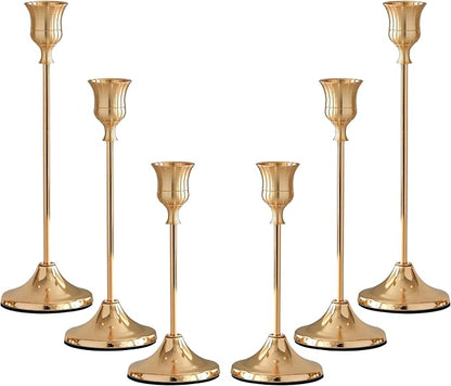 Taper Candle Holders, Tall Vintage Metal Candlestick Holders, 6 PCS Brass Gold Candle Sticks Holders for Home Decor Table Centerpiece Wedding Housewarming Festival, Rose Gold, 2 Sets (6 pcs)