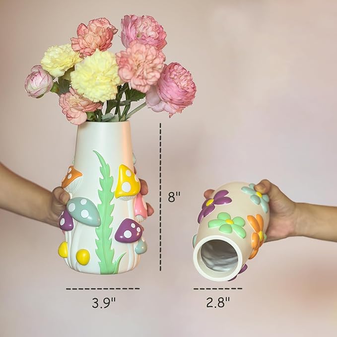GUGUGO Pastel Mushrooms Vase for Flower, 8-Inch-Tall Rainbow Funky Mushroom Decor, Eclectic Vases for Flowers, Unique Colorful Decorative Vase, Cute Room Decor Aesthetic