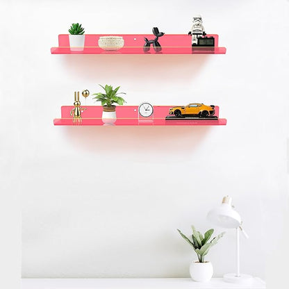 ROYALITA 24 Inches Acrylic Floating Book Shelves Wall Mounted Set of 2, Wall Hanging Plant Display Shelves, Room Decor Floating Wall Shelves for Gaming Room, Bedroom, Living Room, Office, Pink