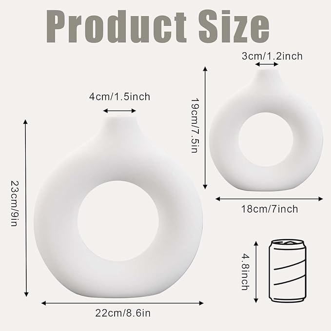 White Ceramic Vase, 2Pcs Round Boho Style Pampas Grass Home Vases, Minimalist Modern Donut Flower Vase for Living Room Office Wedding Coffee Table Decor