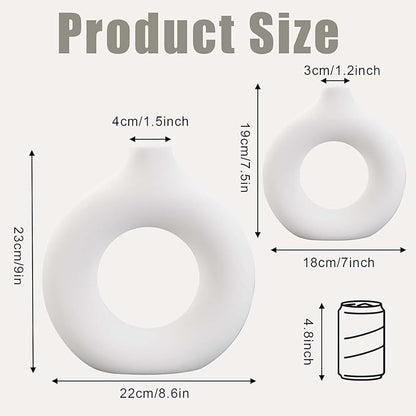White Ceramic Vase, 2Pcs Round Boho Style Pampas Grass Home Vases, Minimalist Modern Donut Flower Vase for Living Room Office Wedding Coffee Table Decor