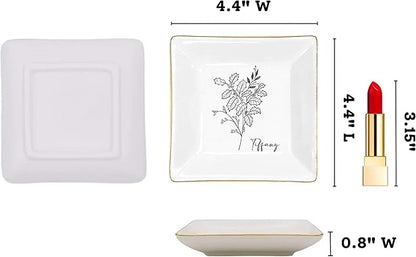 Gossby Personalized Jewelry Tray - Gift for Women, Mom, Friend with Birth Month Flower, Name - Ceramic Trinket Tray, Dish, Plate for Ring, Earring, Bracelet - Gift Mothers Day, Birthday, Christmas V4