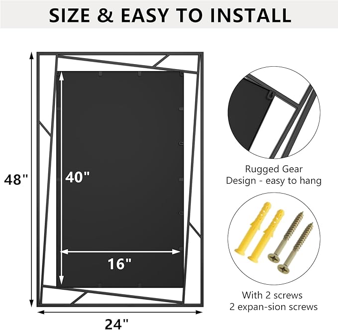 Rectangular Wall Mirror, 48''X24'' Matte Black Metal Framed Farmhouse Bathroom Mirrors for Bedroom Entryway Living Room, Hang Horizontally or Vertically