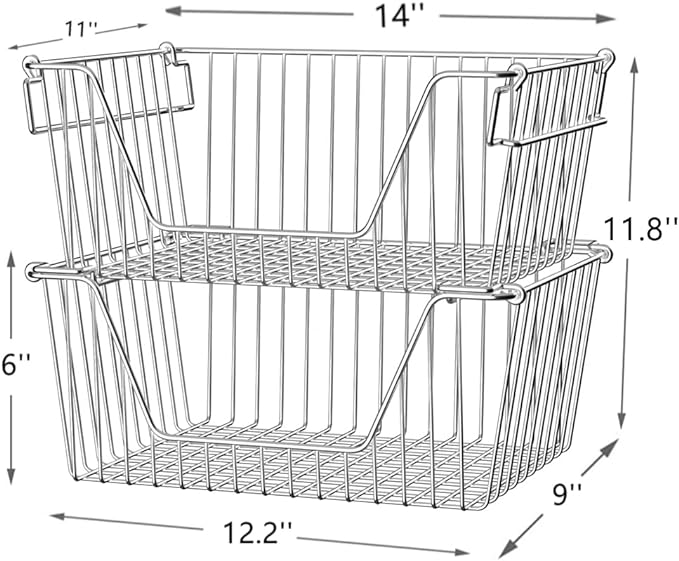Slideep Large Stackable Storage Baskets Cabinet Organizer Sturdy Metal Wire Pantry Freezer Bin for Pantry Home Bathroom Kitchen Organization 3 Packs