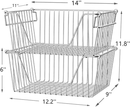 Slideep Large Stackable Storage Baskets Cabinet Organizer Sturdy Metal Wire Pantry Freezer Bin for Pantry Home Bathroom Kitchen Organization 3 Packs