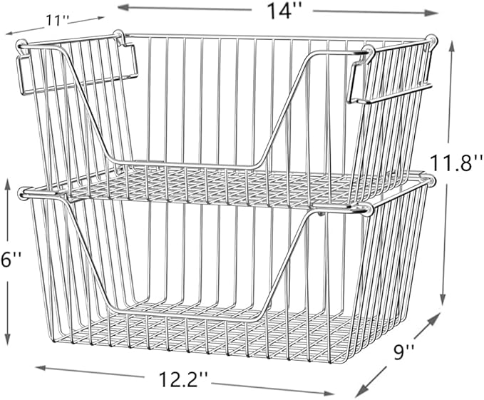 Slideep 14'' Large Stackable Storage Baskets Cabinet Organizer Sturdy Metal Wire Pantry Freezer Bin for Pantry Home Bathroom Kitchen Organization 2 Packs