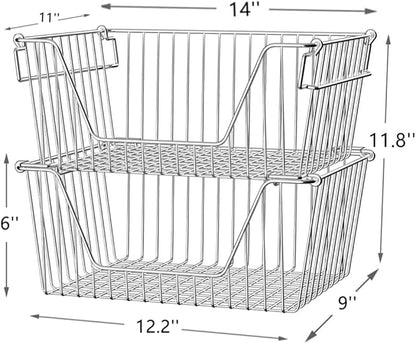 Slideep 14'' Large Stackable Storage Baskets Cabinet Organizer Sturdy Metal Wire Pantry Freezer Bin for Pantry Home Bathroom Kitchen Organization 2 Packs